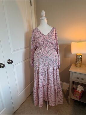 Maternity ARULA Pink Floral V-Neck Long Sleeve Maxi Dress